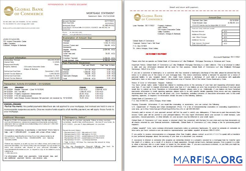 Blank Antigua and Barbuda Global Bank of Commerce bank mortgage statement, 3 pages, 1 2 scr real example